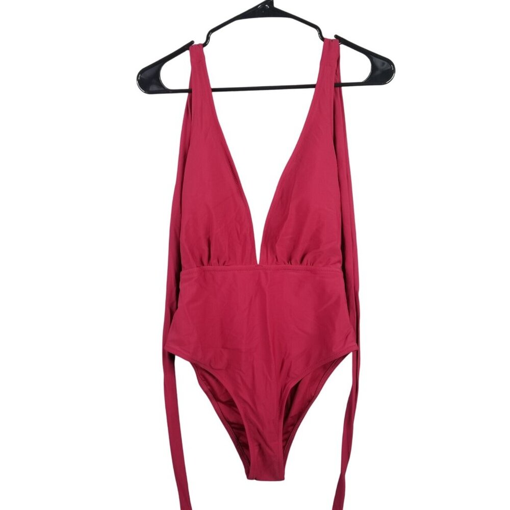 Womens Cupshe Burgundy Deep V Neck One Piece Swimsuit Back Tie Size M